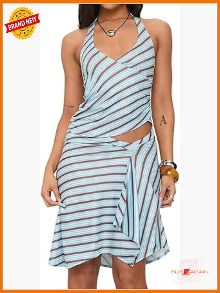 Striped 2 Piece Skirt Set Halter Wrap Top Low Waist Skirt Summer Vacation
